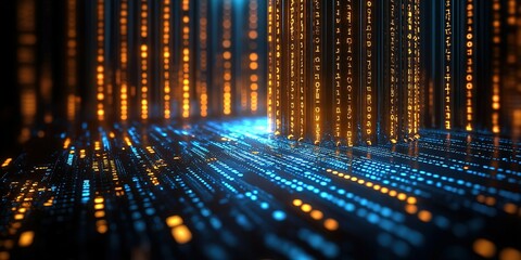 Wall Mural - digital landscape featuring glowing binary code and vibrant light streams in a futuristic setting