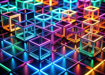 Wall Mural - minimalist neon light grid: glowing cubes abstract background