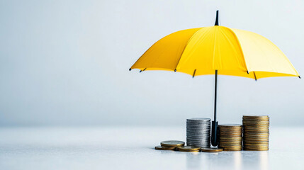 Leinwandbilder - A bright yellow umbrella stands over stacks of coins, symbolizing financial security and privacy. This setup emphasizes the importance of safeguarding personal finances from risks.