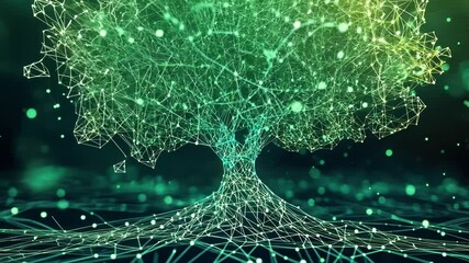 Sticker - abstract digital tree made of glowing particles and connected lines representing technology, nature,