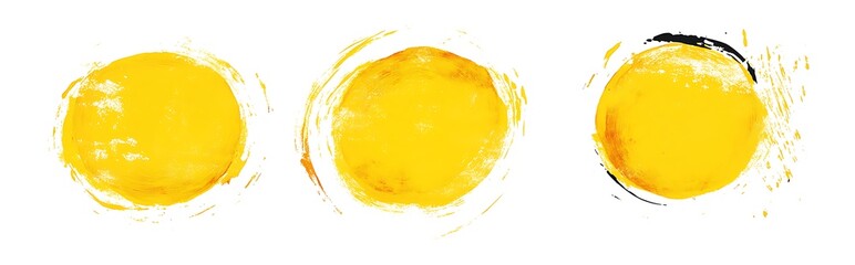 Wall Mural - Three yellow circles, grunge watercolor brush strokes on a white background