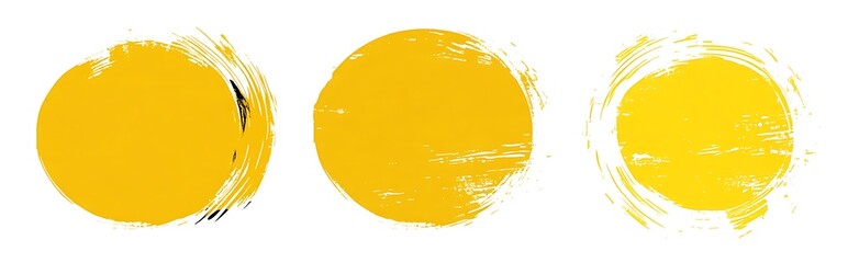 Wall Mural - Three yellow circles, grunge watercolor brush strokes on a white background