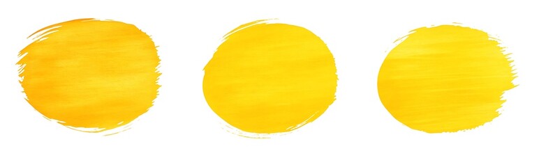 Wall Mural - Three yellow circles, grunge watercolor brush strokes on a white background