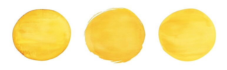 Wall Mural - Three yellow circles, grunge watercolor brush strokes on a white background