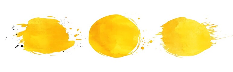 Wall Mural - Three yellow circles, grunge watercolor brush strokes on a white background
