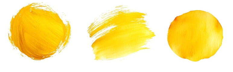 Wall Mural - Three yellow circles, grunge watercolor brush strokes on a white background