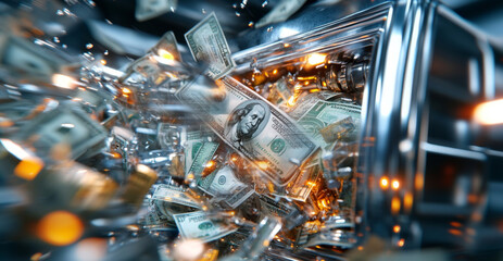 Aufkleber - A collection of cash is securely stored within a bank vault, showcasing a strong lock and a shield symbolizing protection. This emphasizes the importance of privacy in financial practices.