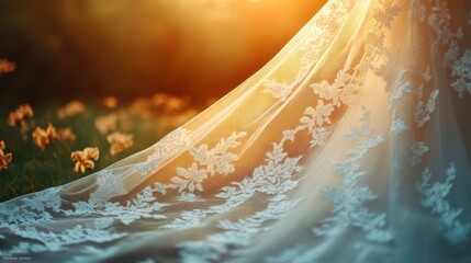 Aufkleber - Soft sunlight filters through intricate lace details of a wedding dress, creating a serene atmosphere in a flowery meadow, evoking romance and beauty during sunset.