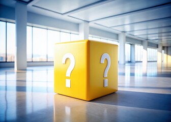 Wall Mural - Minimalist Yellow Cube with White Question Mark - Abstract Architectural Concept