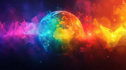 vibrant earth with cosmic colors and abstract geometric shapes in space