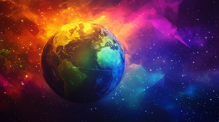 vibrant earth with cosmic colors and abstract geometric shapes in space