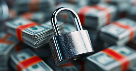 Fototapete - A metallic lock stands prominently on top of neatly stacked bundles of cash. This arrangement symbolizes the importance of security and privacy in banking and financial transactions.