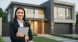 © Jasper - A confident real estate agent stands in front of a modern house, offering a welcoming smile to prospective buyers. Home sales are booming!