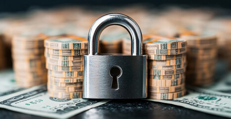 Fototapete - A metal lock stands prominently amid stacks of cash, symbolizing the importance of security in banking. Protecting assets and ensuring privacy is vital for all financial activities.