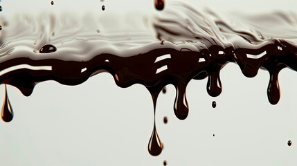 Poster - Rich dark melted chocolate droplets flowing gracefully against a cream backdrop Generative AI