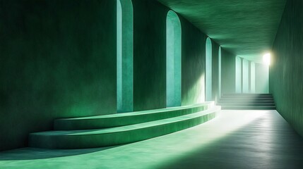 Wall Mural - a green hallway with a staircase and a window
