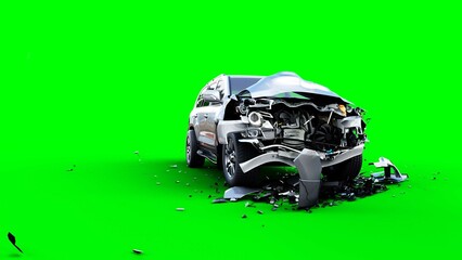 Wall Mural - generic 3d car crash test. car destruction. green screen isolate. 3 rendering,