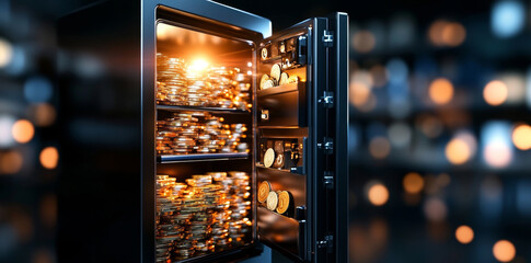Leinwandbilder - A sturdy black safe is open, revealing a wealth of coins and gold stacked neatly inside. The interior gleams under warm lighting, emphasizing its role in protecting valuable assets securely.