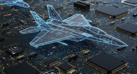 Advanced Fighter Jet Circuit Design - Futuristic fighter jet design displayed as a blueprint on a circuit board, highlighting advanced technology and integration
