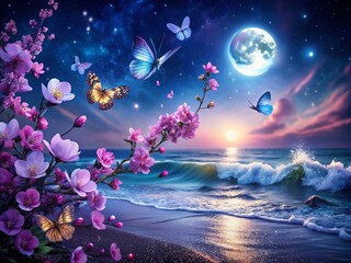 Wall Mural - Night Bloom: Serene Waves, Flowers, and Butterflies Under Moonlight