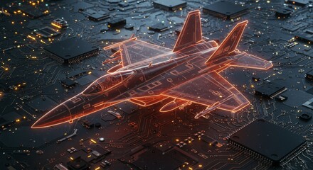 Fighter Jet on Circuit Board - Futuristic of a fighter jet as a outline on a circuit board, suggesting advanced technology and aerospace engineering