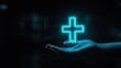 © iLada - Glowing Neon Medical Cross in Human Hand Symbolizing Health, Care, and Support Against a Dark Background