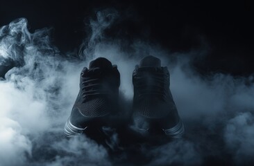 Aufkleber - Black running shoes on a dark background with smoke, leaving space for text. Sports product concept.