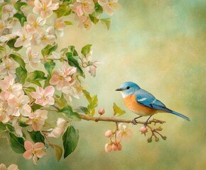 Naklejka na meble Spring Bird on Blossoming Apple Tree Branch