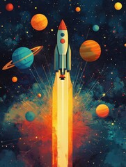 Wall Mural - This illustration depicts a rocket in a starry sky or cosmic scene formed by points, lines, and shapes that mimic planets, stars, and the universe.