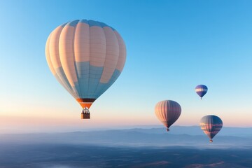  hot air balloon floats peacefully against clear blue sky during sunrise with ample copy space surrounding invoking