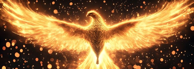 Wall Mural - A mythical phoenix reborn from golden flames, its wings spread wide as it rises from the ashes in a breathtaking burst of light