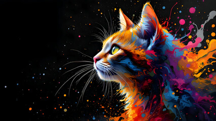  Beautiful neon colored cat portrait on black background