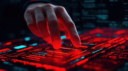 Futuristic technology interface with glowing red elements and hand interacting