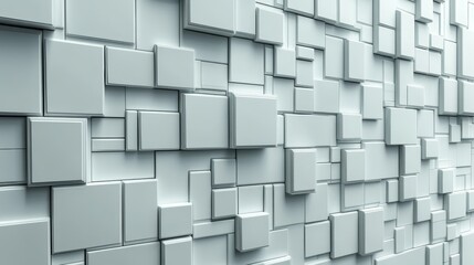 A wall formed by White, Square Mosaic Tiles, with Polished, Semigloss, Bricks stacked behind to create a 3D block background, as shown in a 3D Render
