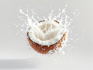Fototapete - A coconut in the center of a white background, with a splash of white liquid, likely coconut milk, captured in a dynamic pose. The milk is splashing out of the coconut, creating a visually appealing c