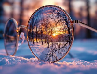 Fototapete - A pair of glasses with a reflective surface, set against a backdrop of a serene winter setting. The glasses are positioned on a snowy surface, with the sun casting a warm, golden hue across the scene.