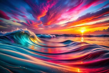 Wall Mural - serene sunset waves: abstract pink & blue oceanic digital art with copy space