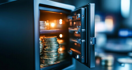 Fototapete - A secure safe with an open door reveals stacks of coins inside, highlighting the importance of privacy in banking. The scene emphasizes safety and protection for valuable assets.