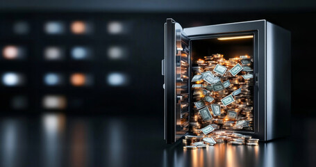 Fototapete - A safe with an open door displays stacks of cash and coins, symbolizing privacy and security in banking. The background showcases a softly lit environment, enhancing the focus on the safe.