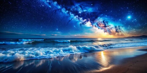 Wall Mural - Starry Night Seascape: Majestic Ocean Waves Crashing on Sandy Beach