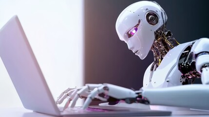 Wall Mural - futuristic humanoid robot typing on laptop, representing ai technology and machine learning