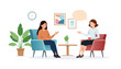 © Kateina - Vector flat simple illustration of two women sitting in armchairs talking - specialist consultation, therapy session, coaching or counseling