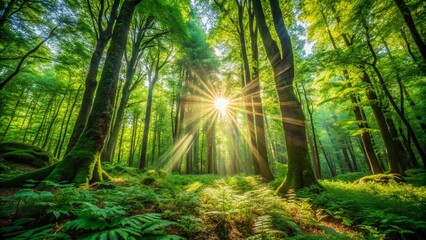 Wall Mural - Sunlight Dappled Forest Path, Lush Green Canopy, Nature Photography
