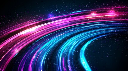 The image depicts a wavy neon tunnel with a colorful pattern of purple, blue, and pink stripes, created using 3D rendering