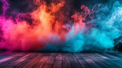 Aufkleber - Colorful smoke swirls over dark wooden floor.