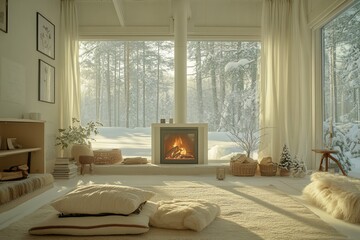 Poster - Cozy winter living room with fireplace, large windows showing snowy forest, and soft furnishings.