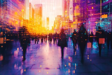 Fototapete - Blurry silhouettes of people walking in a vibrant city street at sunset, overlaid with digital data streams.