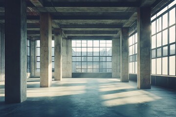 Poster - Sunlit empty industrial space with large windows and concrete pillars.