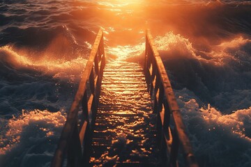 Poster - Wooden pier extending into a stormy sea at sunset, waves crashing around it.