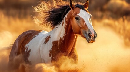 Aufkleber - Paint horse running in a dusty field at sunset.